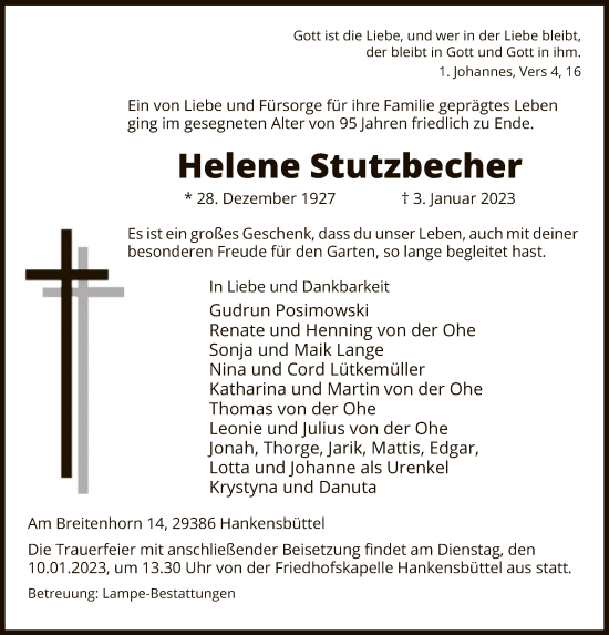 Traueranzeige von Helene Stutzbecher von UEL