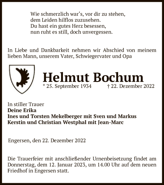 Traueranzeige von Helmut Bochum von UEL