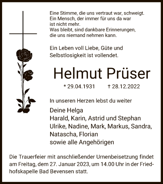 Traueranzeige von Helmut Prüser von UEL