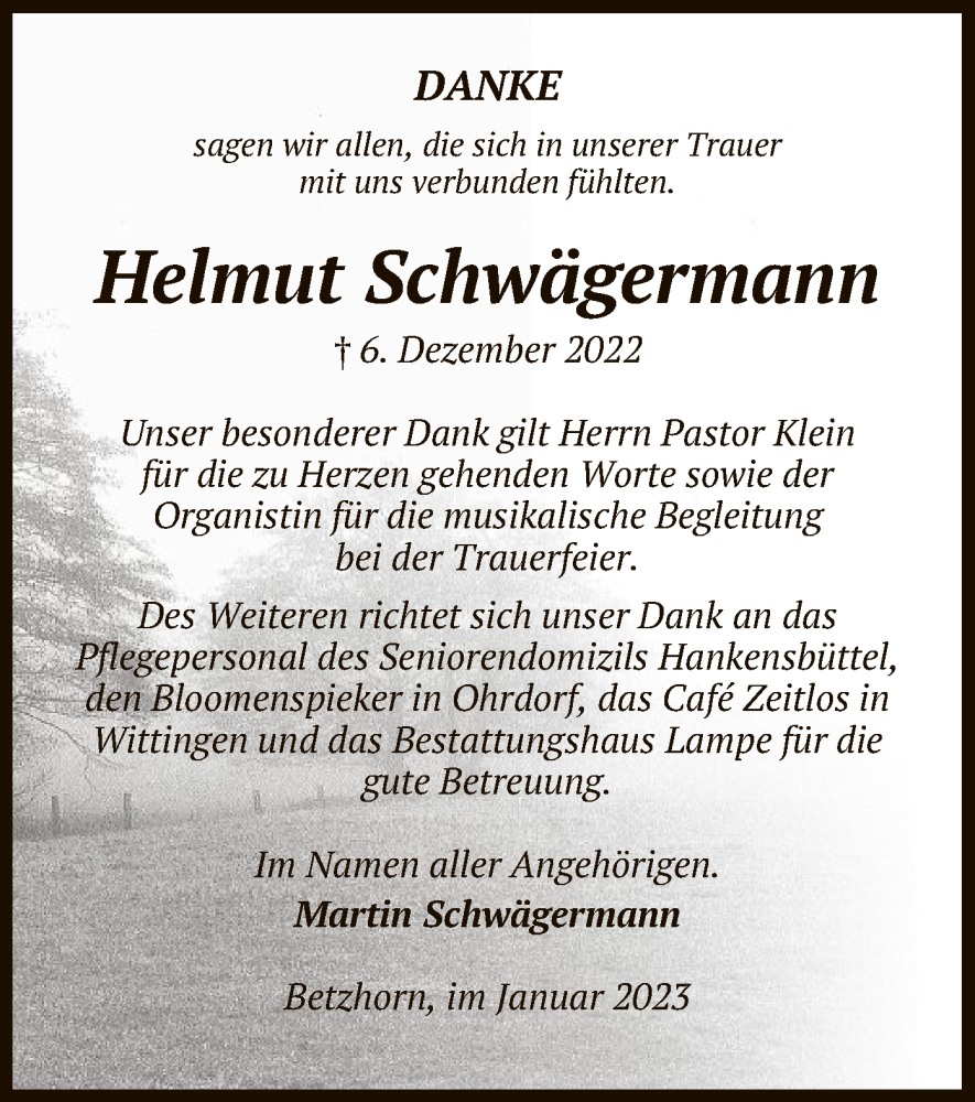  Traueranzeige für Helmut Schwägermann vom 14.01.2023 aus UEL