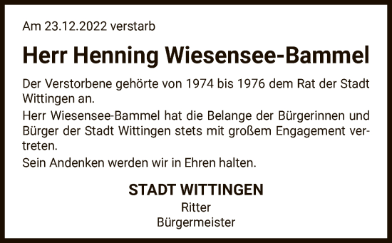 Traueranzeige von Henning Wiesensee-Bammel von UEL