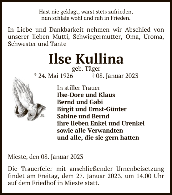 Traueranzeige von Ilse Kullina von UEL