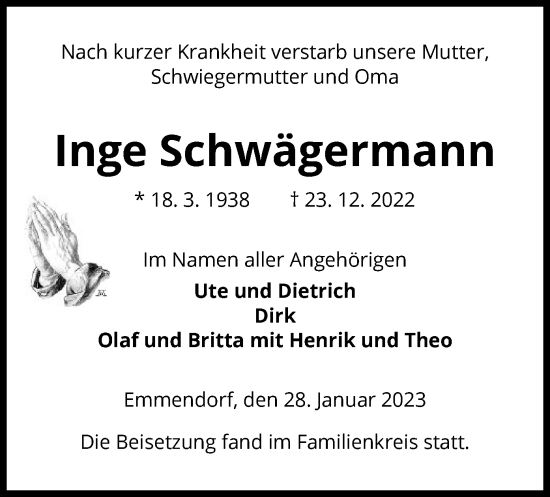 Traueranzeige von Inge Schwägermann von UEL