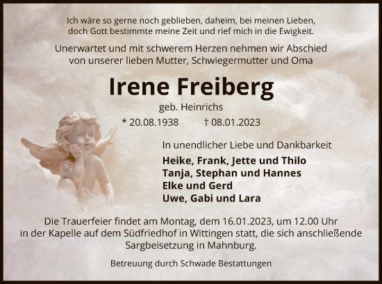 Traueranzeige von Irene Freiberg von UEL