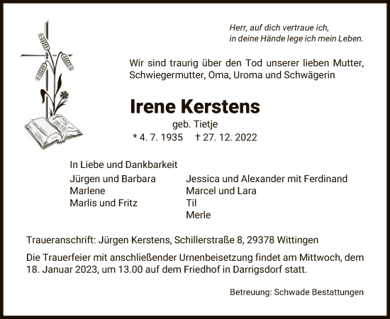 Traueranzeige von Irene Kerstens von UEL