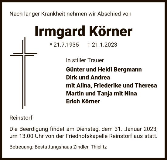 Traueranzeige von Irmgard Körner von UEL