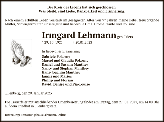 Traueranzeige von Irmgard Lehmann von UEL