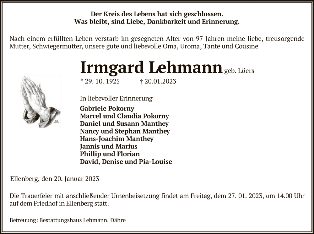  Traueranzeige für Irmgard Lehmann vom 24.01.2023 aus UEL