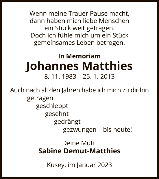 Traueranzeige von Johannes Matthies von UEL