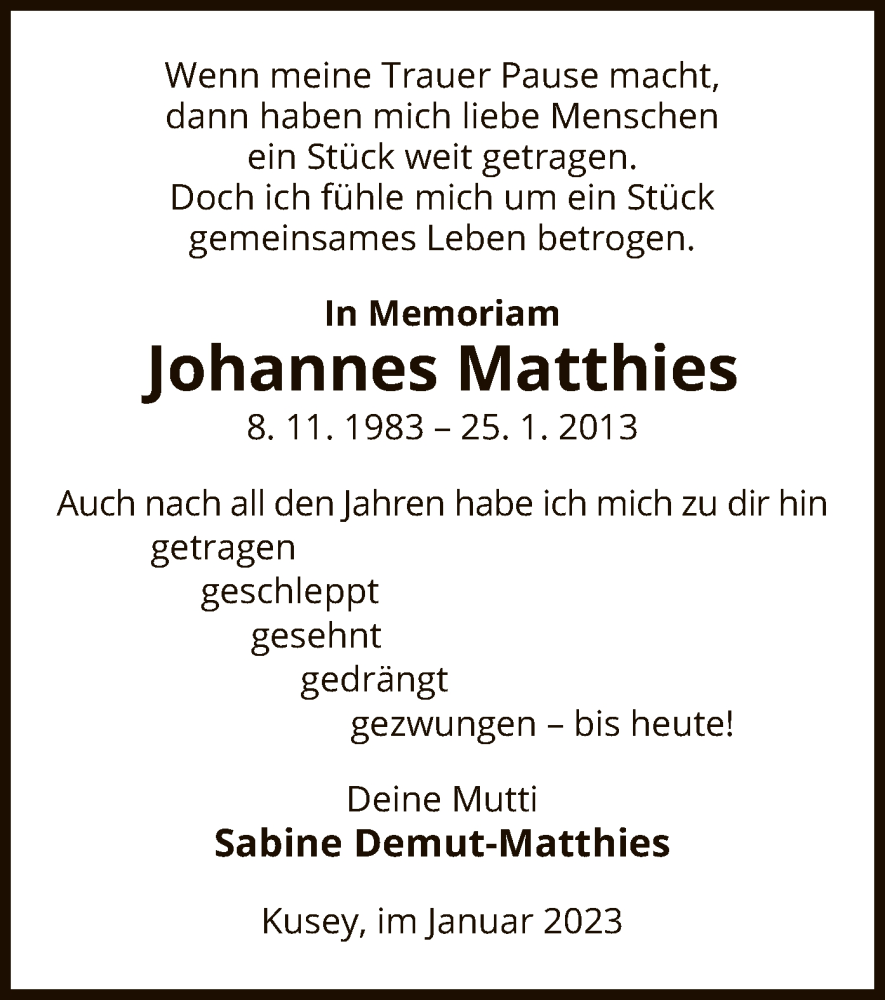  Traueranzeige für Johannes Matthies vom 25.01.2023 aus UEL