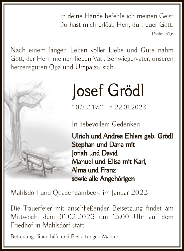  Traueranzeige für Josef Grödl vom 25.01.2023 aus UEL
