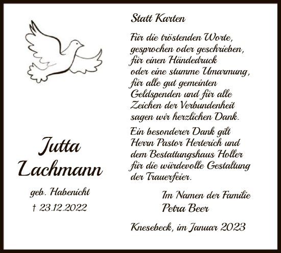 Traueranzeige von Jutta Lachmann von UEL