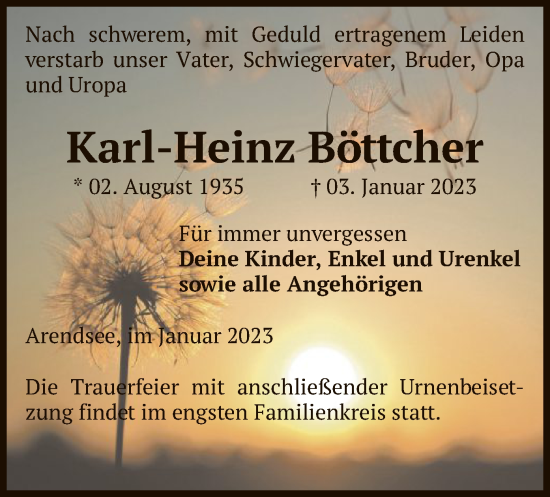 Traueranzeige von Karl-Heinz Böttcher von UEL
