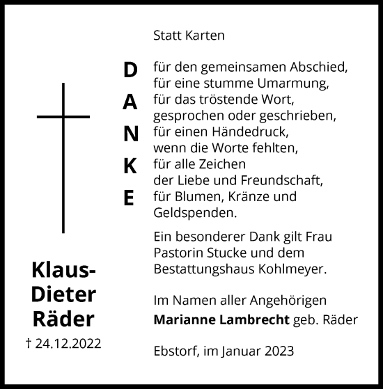 Traueranzeige von Klaus-Dieter Räder von UEL