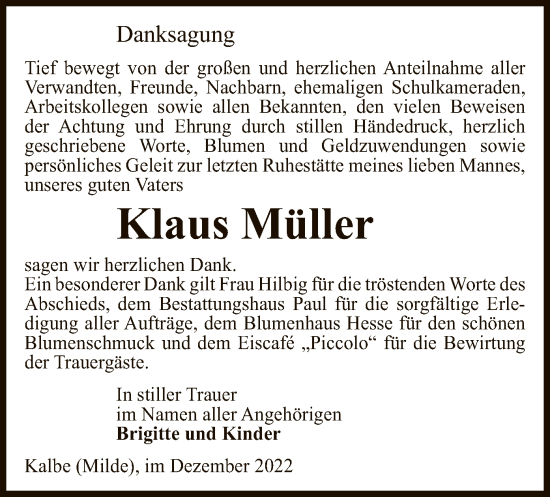 Traueranzeige von Klaus Müller von UEL