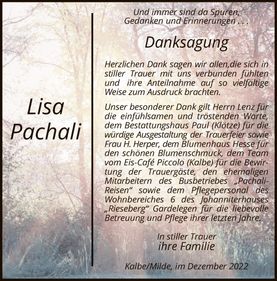 Traueranzeige von Lisa Pachali von UEL