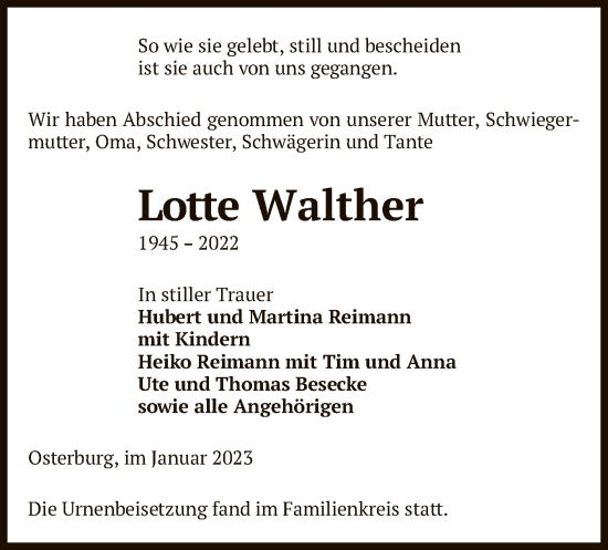 Traueranzeige von Lotte Walther von UEL