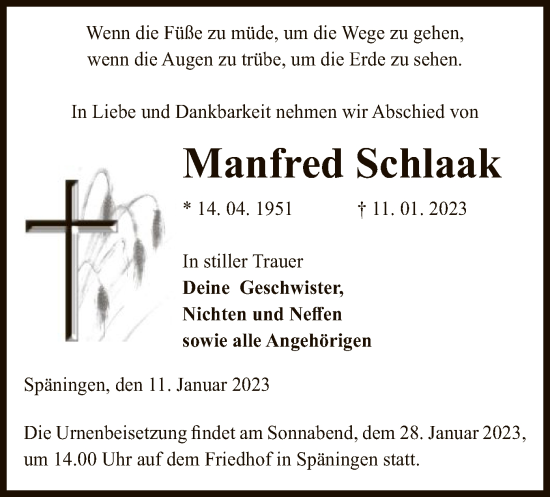 Traueranzeige von Manfred Schlaak von UEL