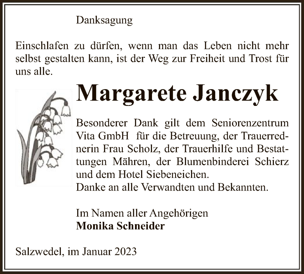  Traueranzeige für Margarete Janczyk vom 17.01.2023 aus UEL