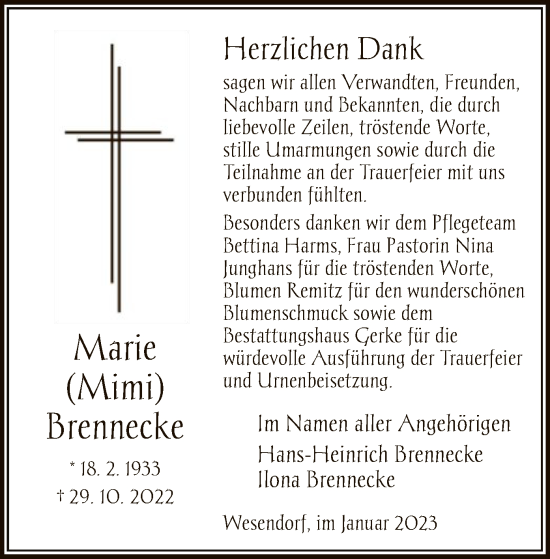 Traueranzeige von Marie Brennecke von UEL