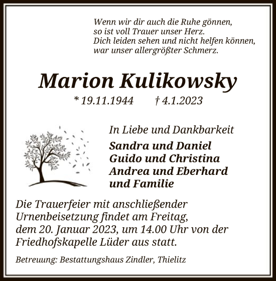 Traueranzeige von Marion Kulikowsky von UEL