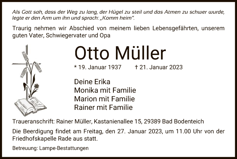  Traueranzeige für Otto Müller vom 24.01.2023 aus UEL