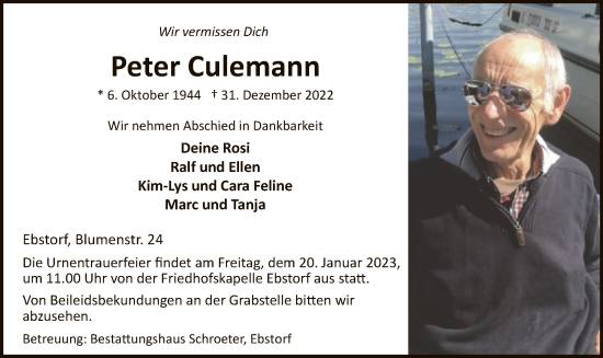 Traueranzeige von Peter Culemann von UEL