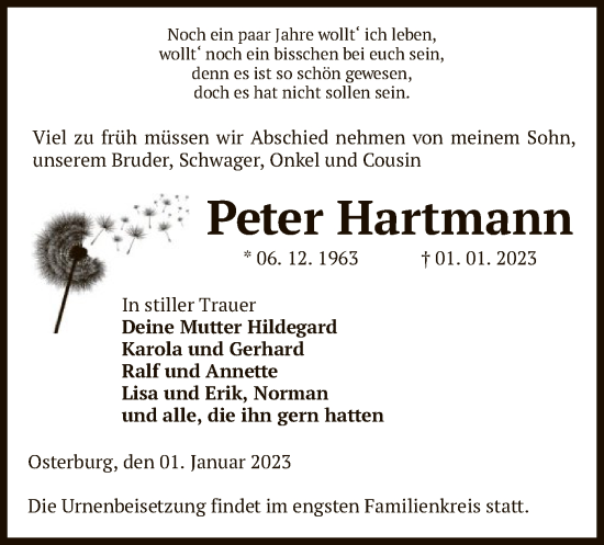 Traueranzeige von Peter Hartmann von UEL