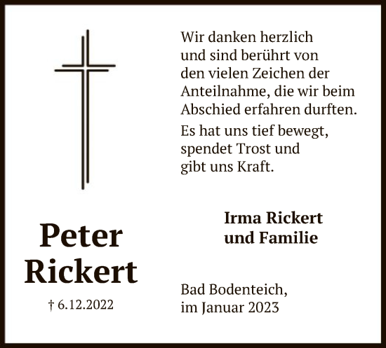 Traueranzeige von Peter Rickert von UEL