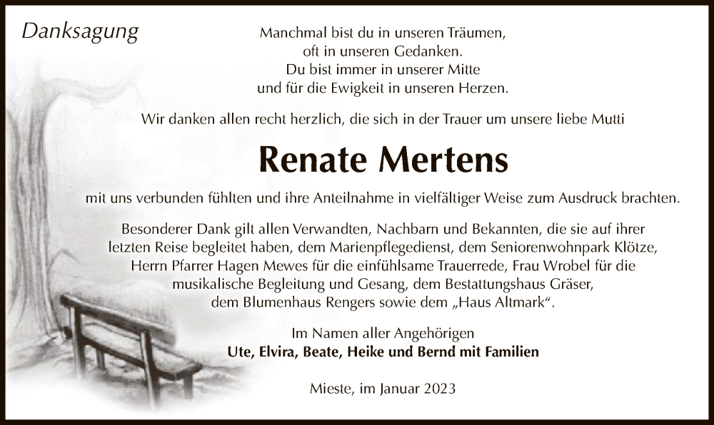 Traueranzeige für Renate Mertens vom 25.01.2023 aus UEL