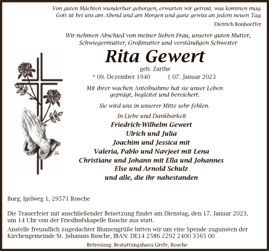 Traueranzeige von Rita Gewert von UEL