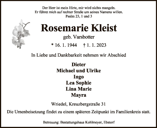 Traueranzeige von Rosemarie Kleist von UEL