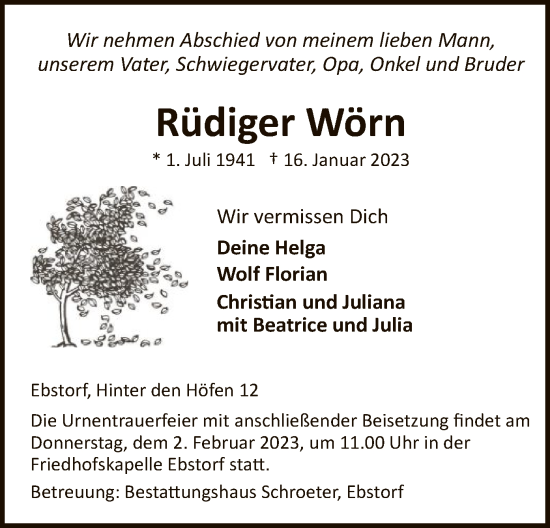 Traueranzeige von Rüdiger Wörn von UEL