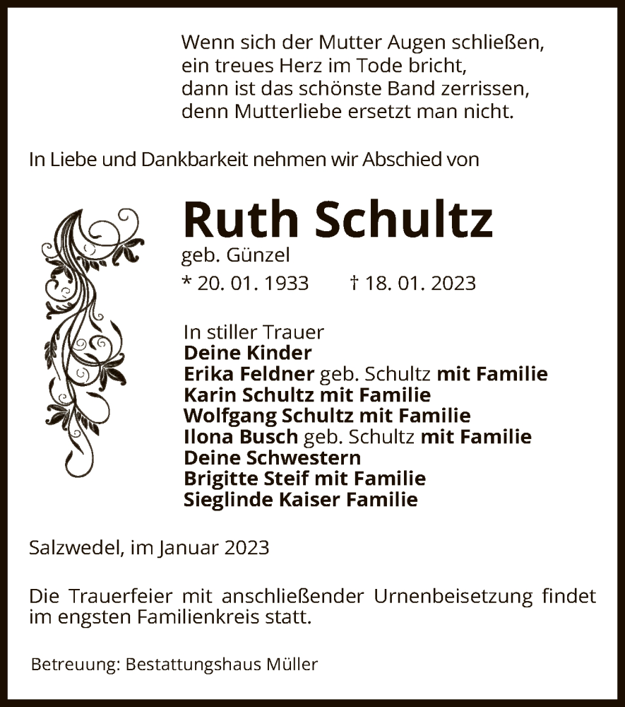 Traueranzeige für Ruth Schultz vom 21.01.2023 aus UEL