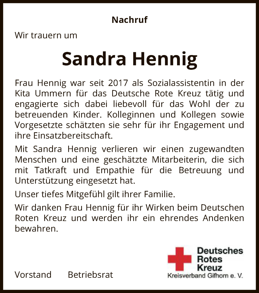  Traueranzeige für Sandra Hennig vom 25.01.2023 aus UEL