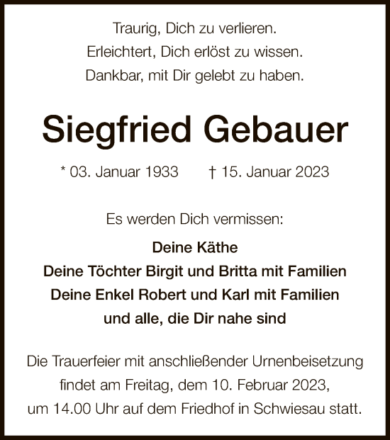 Traueranzeige von Siegfried Gebauer von UEL