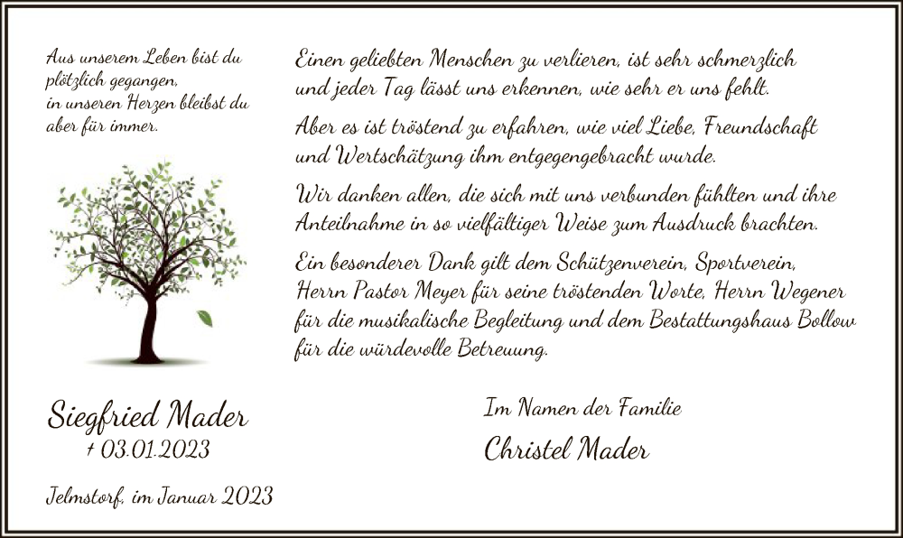  Traueranzeige für Siegfried Mader vom 28.01.2023 aus UEL