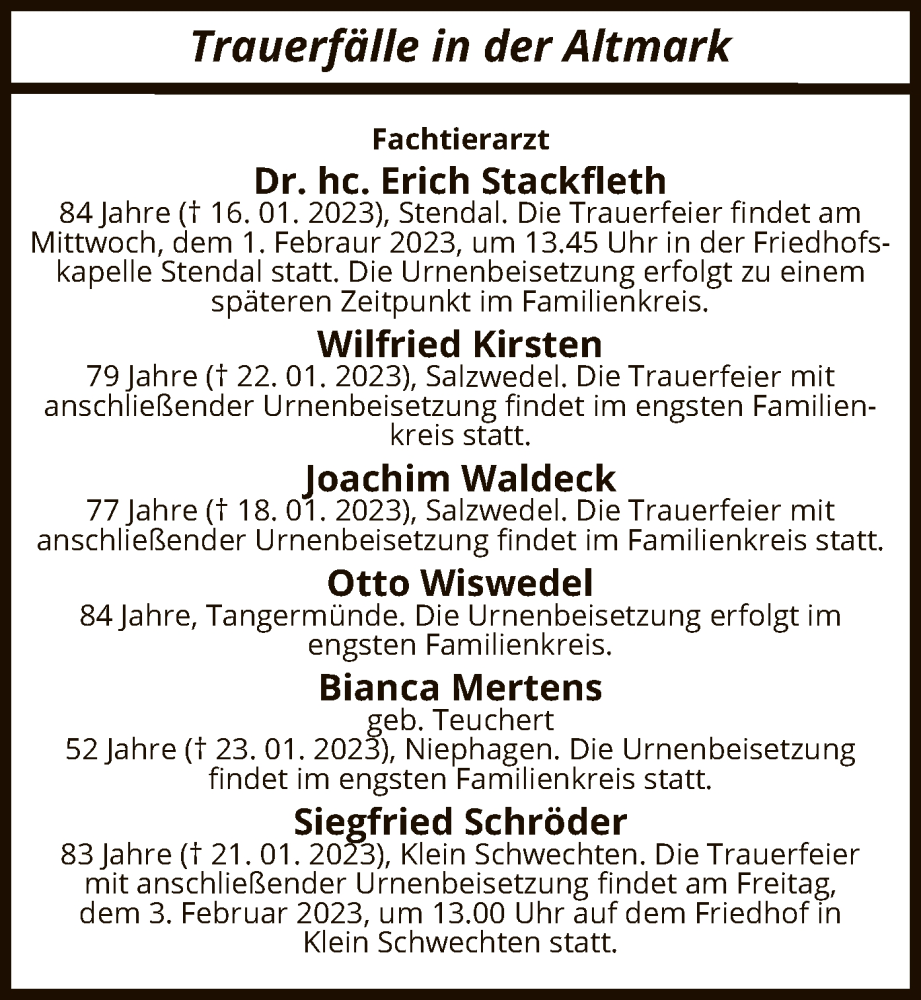 Traueranzeigen von Sterbetafel vom 27.01.2023 AZ.Trauer.de