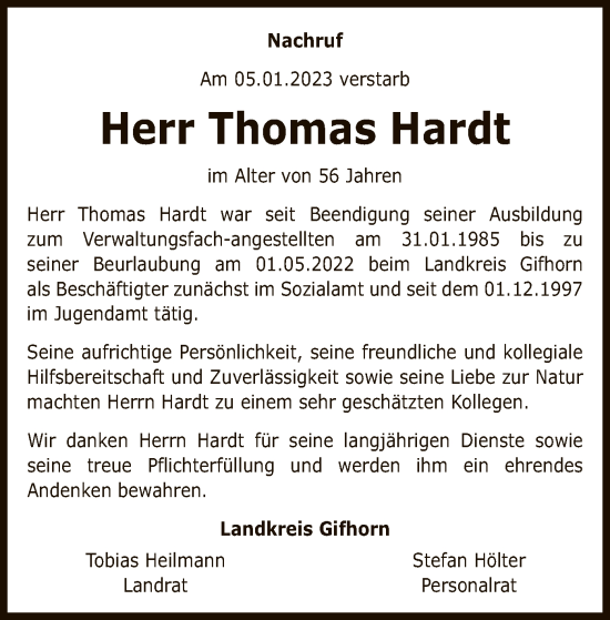 Traueranzeige von Thomas Hardt von UEL