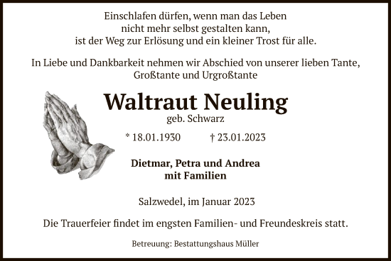 Traueranzeige von Waltraut Neuling von UEL