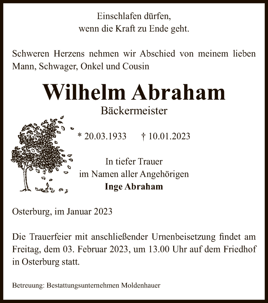  Traueranzeige für Wilhelm Abraham vom 21.01.2023 aus UEL