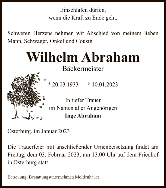 Traueranzeige von Wilhelm Abraham von UEL