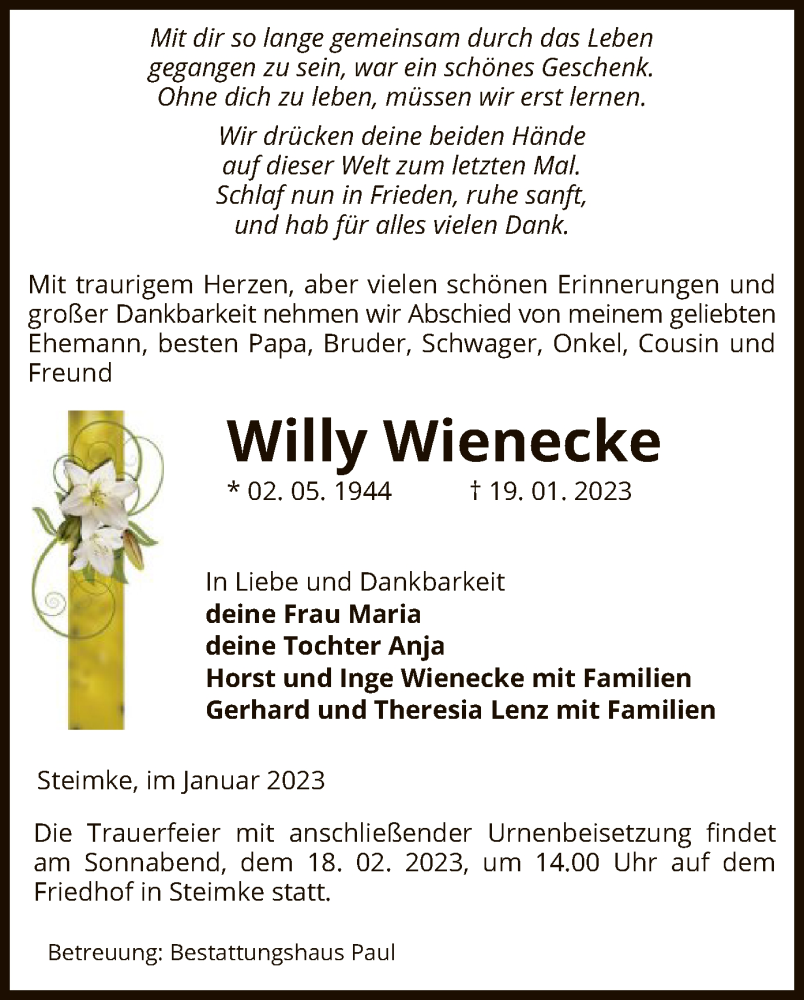  Traueranzeige für Willy Wienecke vom 24.01.2023 aus UEL