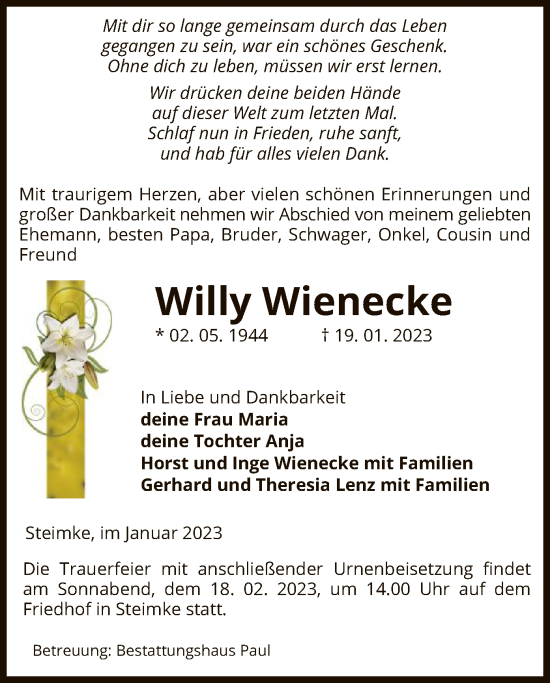 Traueranzeige von Willy Wienecke von UEL