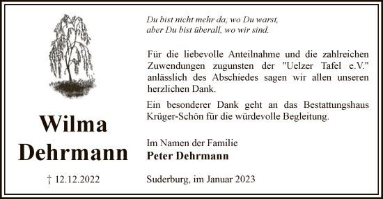 Traueranzeige von Wilma Dehrmann von UEL