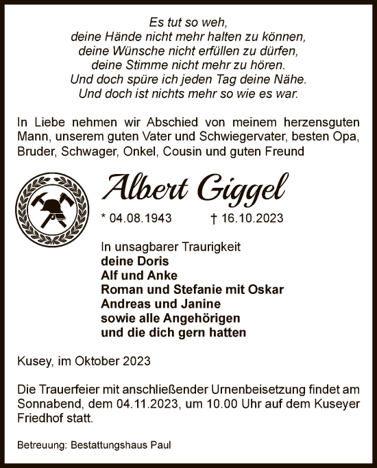 Traueranzeige von Albert Giggel von UEL