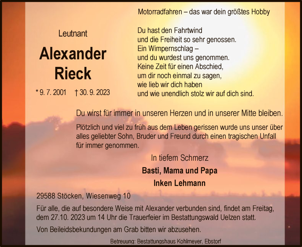  Traueranzeige für Alexander Rieck vom 14.10.2023 aus UEL