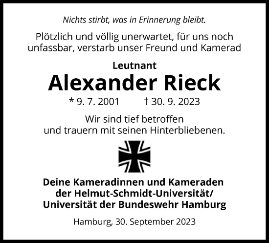 Traueranzeige von Alexander Rieck von UEL