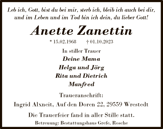 Traueranzeige von Anette Zanettin von UEL