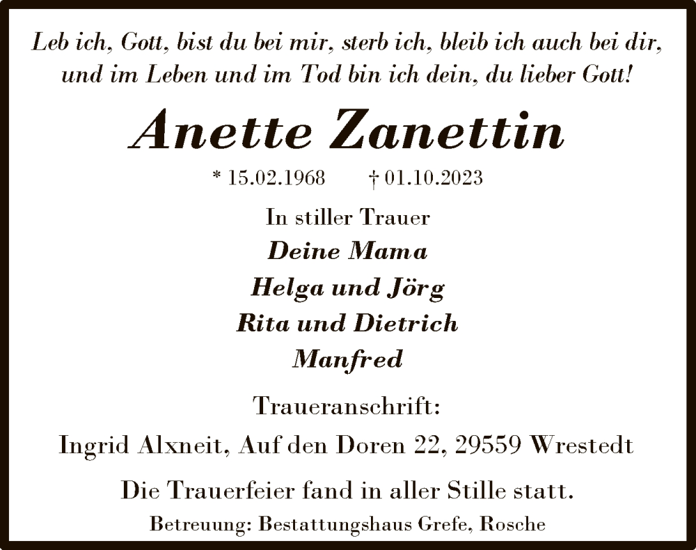  Traueranzeige für Anette Zanettin vom 14.10.2023 aus UEL